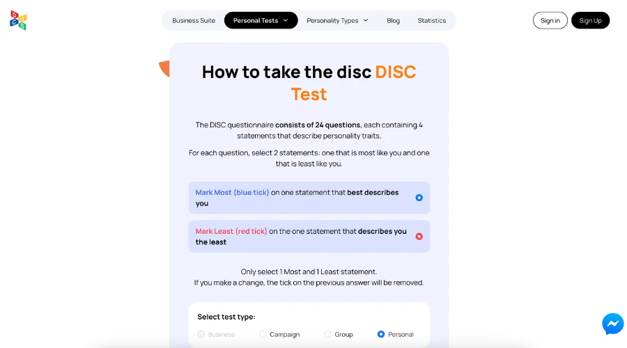 Online DISC assessment showing personal behavior profile results