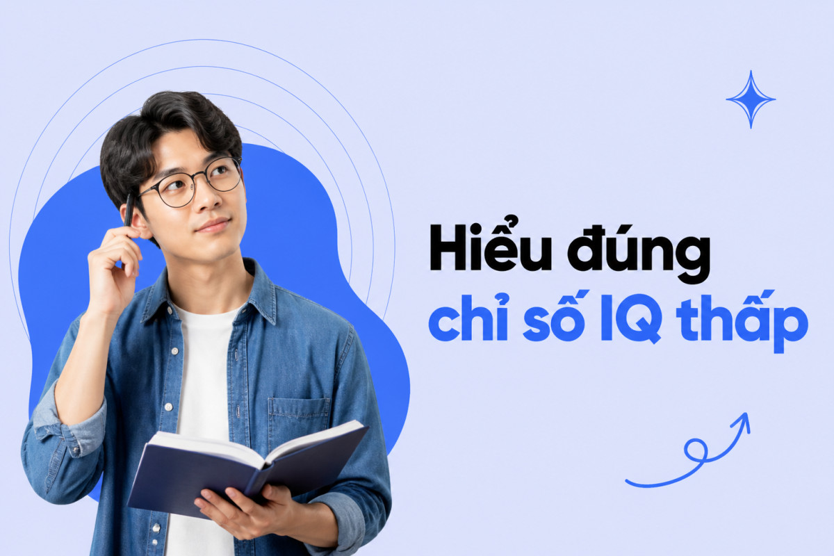 Minh họa thang điểm IQ bên cạnh hình người, nhấn mạnh điểm số chỉ phản ánh một phần năng lực