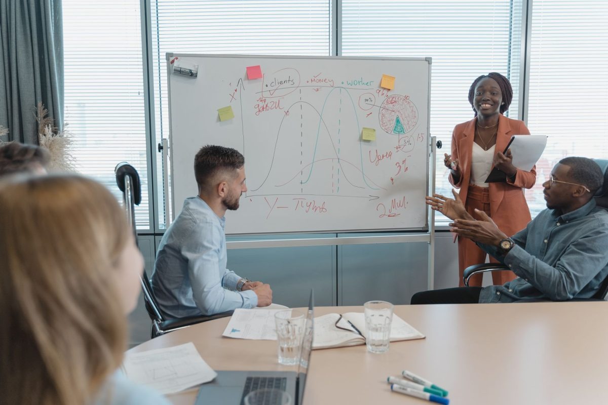 An energetic creative team discussing ideas around a whiteboard in a modern office