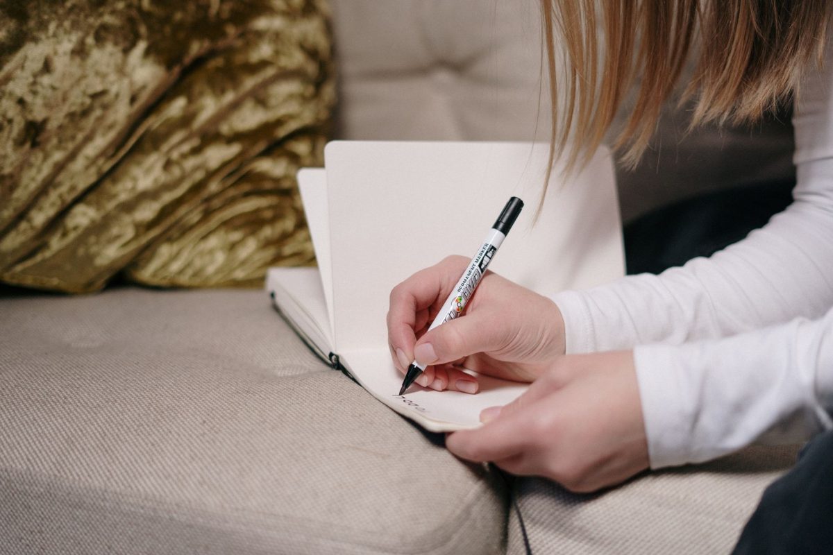 Person sketching analogies and concept frameworks in a journal during a quiet break